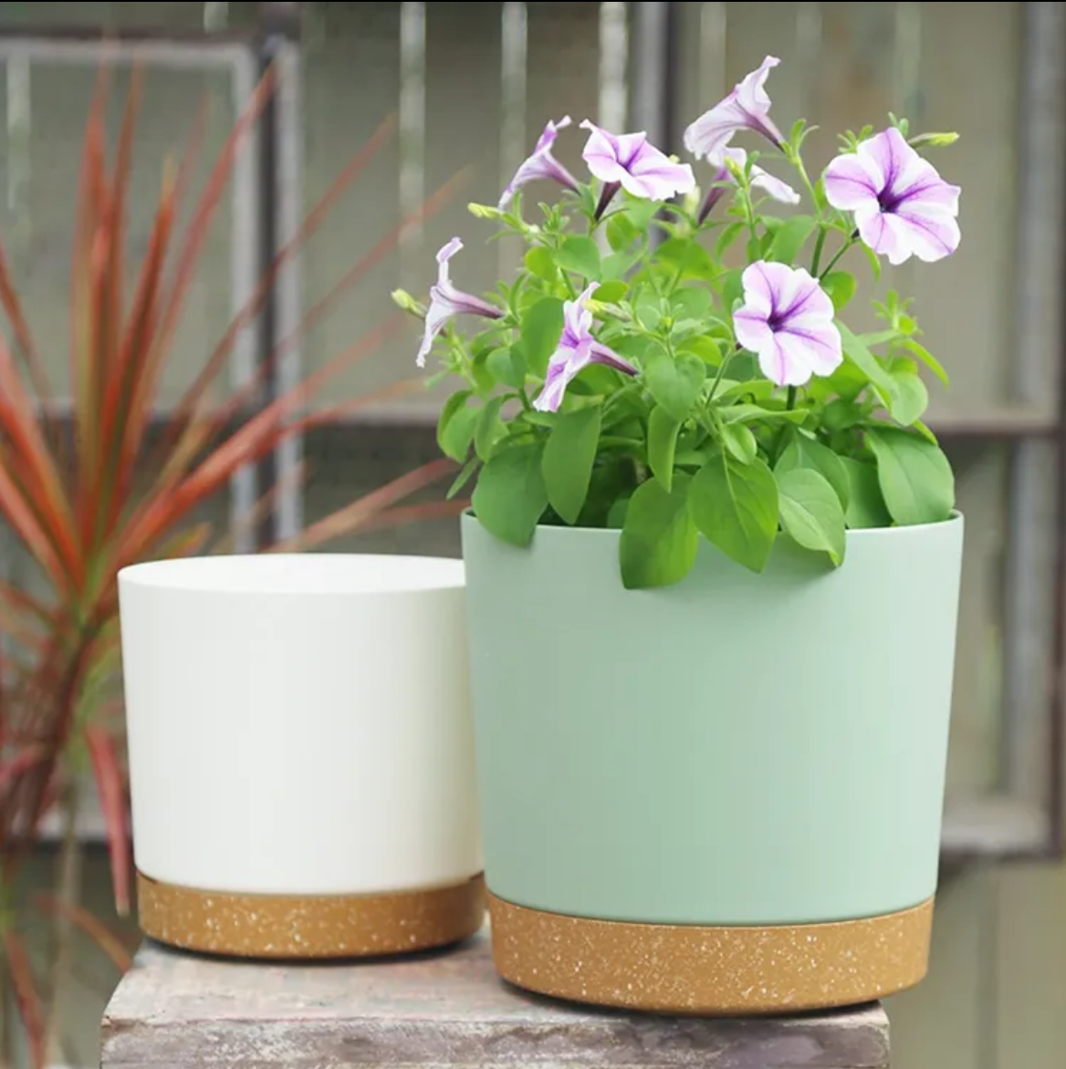 ADA 20cm Plant Pots Set – 2 Pack, Saucer Modern Indoor/Outdoor Planters with Drainage & Removable Base (Green)